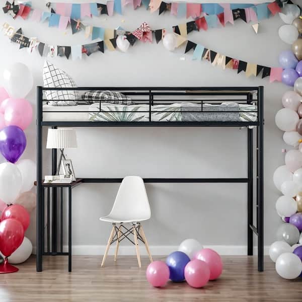 slide 2 of 48, Twin Metal Bunk Bed with Build-in Study Desk, Ladder and Guardrails, Minimal Industrial Appeal Black