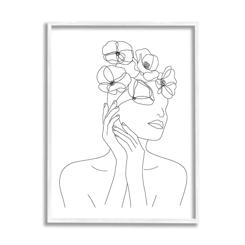 Stupell Female Flowers in Hair Minimal Line Drawing Framed Wall Art - 11 x 14 - White