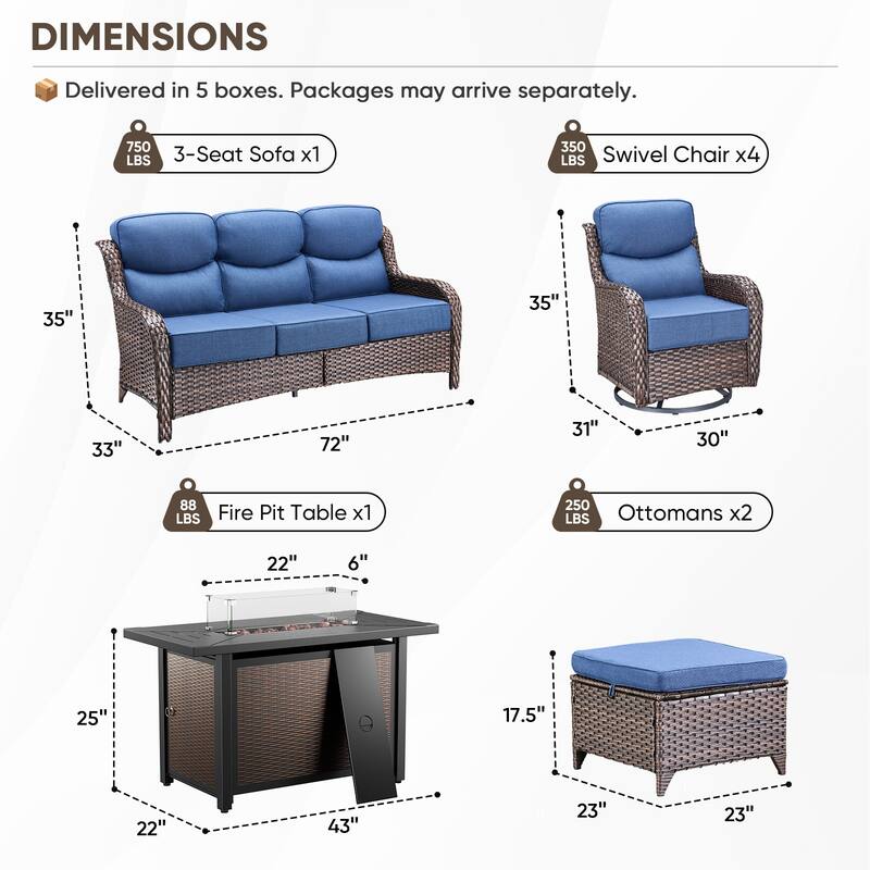 Pocassy Patio Sofa Swivel Chairs Ottoman w/ 43in Fire Table Set