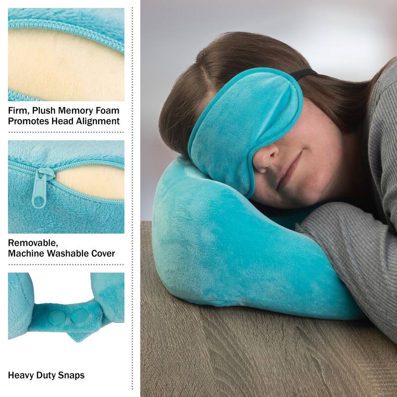 Travel Pillow Set - Memory Foam Pillow, Fleece Blanket, and Eye Mask by Home-Complete (Blue)