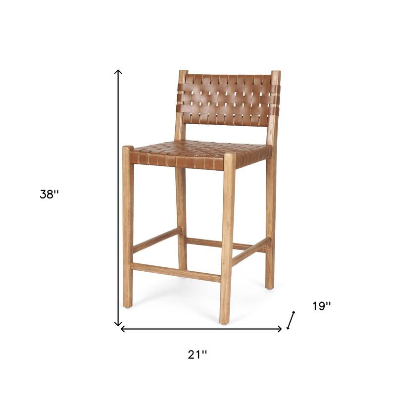 HomeRoots 26" Brown and Natural Leather and Solid Wood Low Back Counter Height Bar Chair