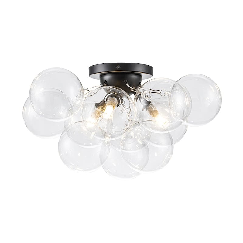 3-Light Clear Glass Globe Bubble Semi Flush Chandelier - Brass 18in