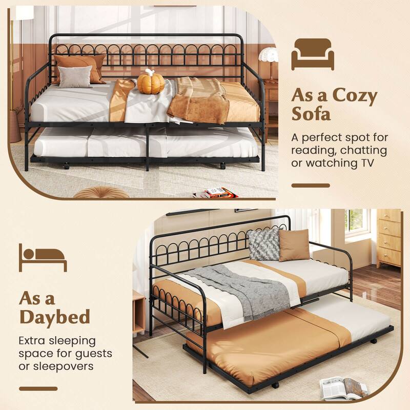 Costway Twin Daybed with Trundle Curved Backrest & Armrests Heavy-duty