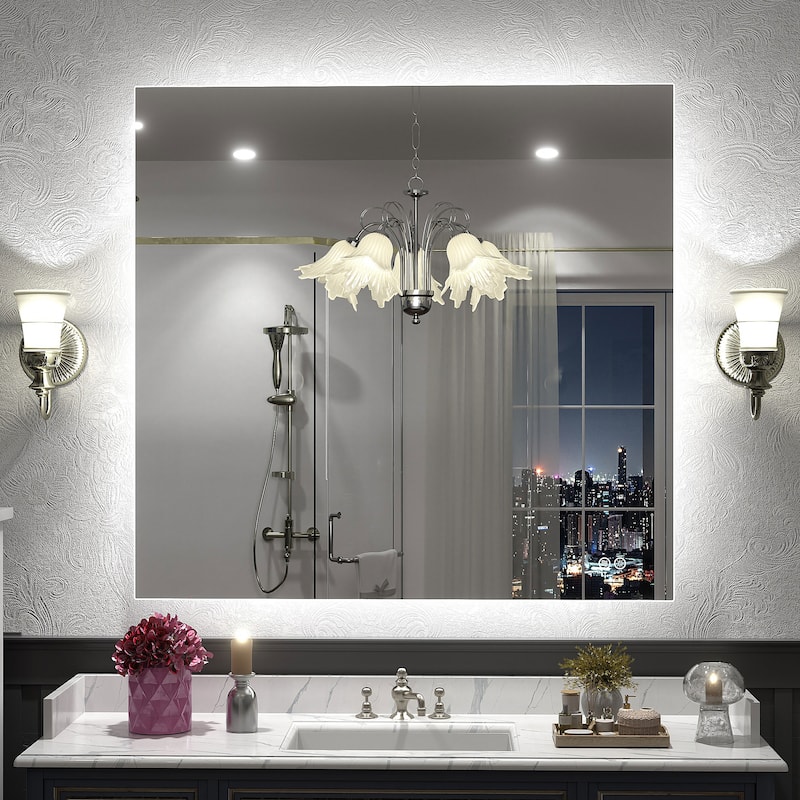 Frameless Anti-Fog 3 Colors Dimmable LED Backlit Wall Bathroom Vanity Mirror - 40" x 38"-Rectangular