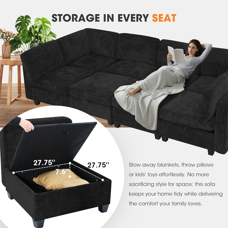 GDFStudio - Chenille Fabric 8-Seat 128" Modular Sectional Sofa with Storage & Solid Wood Frame