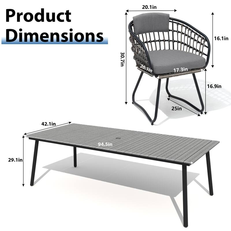 9-Piece Outdoor Patio Dining Set Wood-Like Table Top Alumium Umbrella Hole Table with PE Rattan Chairs