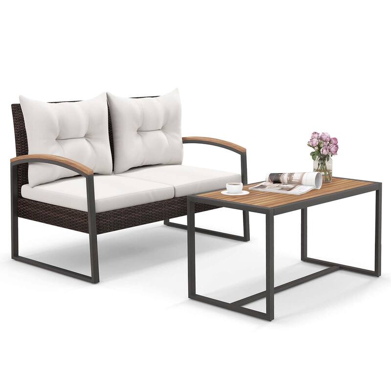 Gymax Set of 2 PE Wicker Furniture Set Loveseat w/ Acacia Wood Coffee