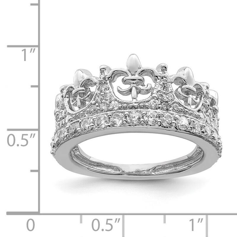 Curata 925 Sterling Silver Polished Open back Fleur de lis Crown CZ Cubic Zirconia Simulated Diamond Ring