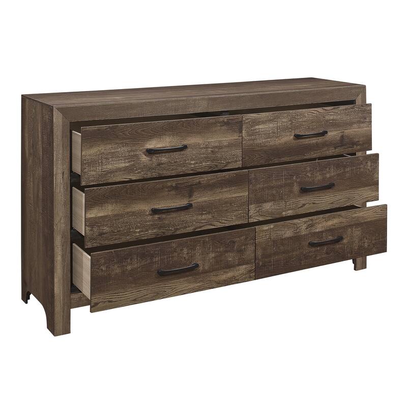 6 Drawer Rustic Wooden Double Dresser with Block Legs Support, Brown