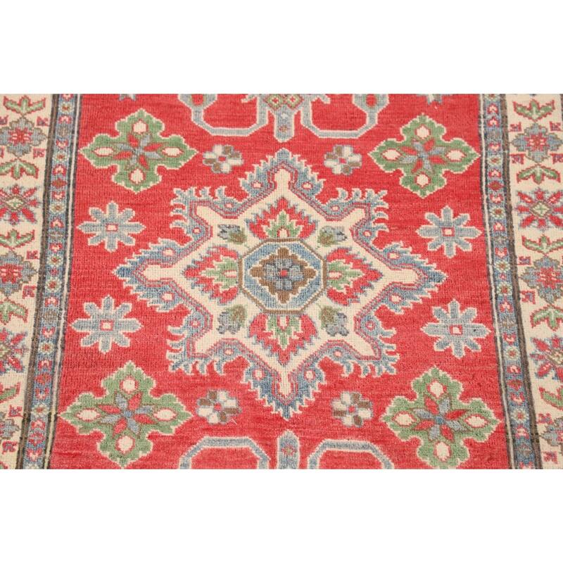 Geometric Orange Kazak Rug Hand-Knotted Wool Carpet - 3'4" x 5'0"