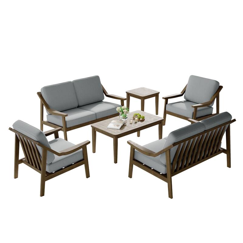 6-piece Wood Patio Chat Set Teak Conversation Set with Cushion