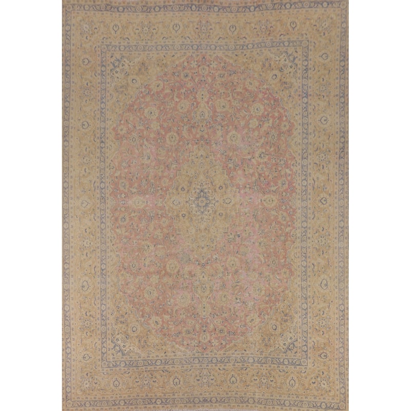 Traditional Pink Mashad Persian Vintage Area Rug Handmade Wool Carpet - 9'7"x 12'2"