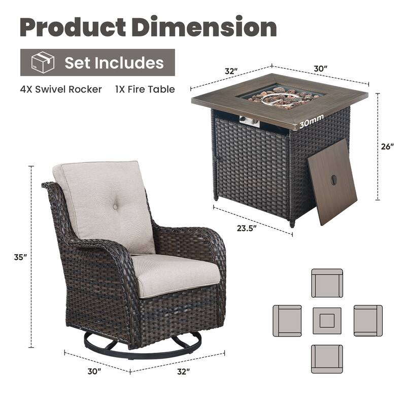 Gymojoy 5-Piece Outdoor Wicker Patio Furniture with Fire Pit Table, Rattan Coversation Set with Water Resistant Thick Cushions