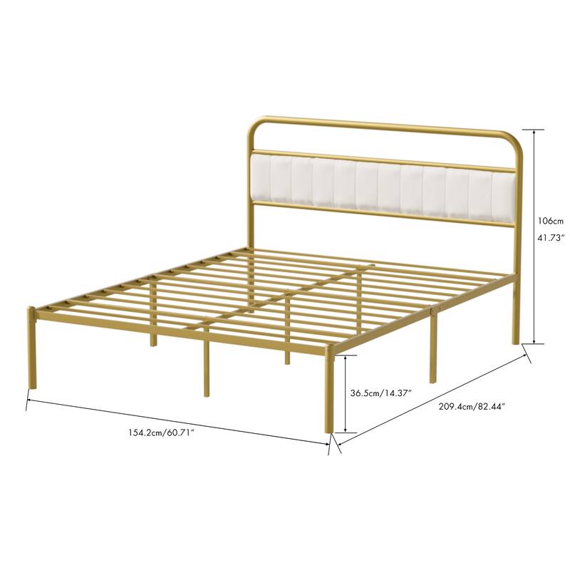 Queen Platform Bed with Padded Headboard, Gold Metal Frame, No Box Spring Needed