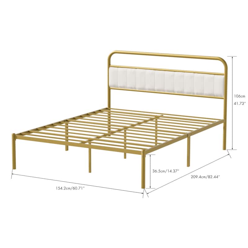 Queen-Size Metal and Wood Platform Bed Frame with Upholstered Headboard, Easy Assembly, Durable and Stylish Design