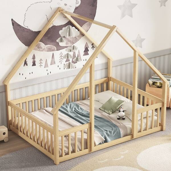 slide 2 of 10, Natural Wood Full House-Shaped Floor Bed with Full-length Guardrails Natural - Full
