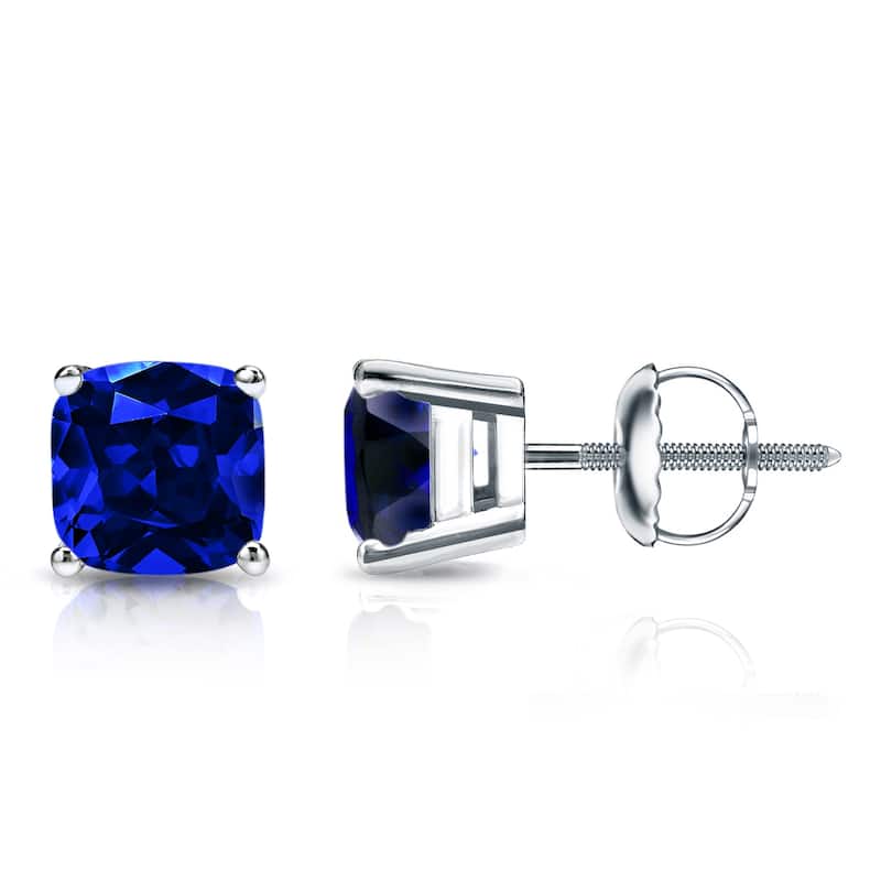 Auriya 14k Gold Lab Grown Gemstone Blue Sapphire Stud Earrings Cushion 0.25 to 5.00 ct. tw. 4-Prong Basket Screw-Back - 1.75ct tgw. - White