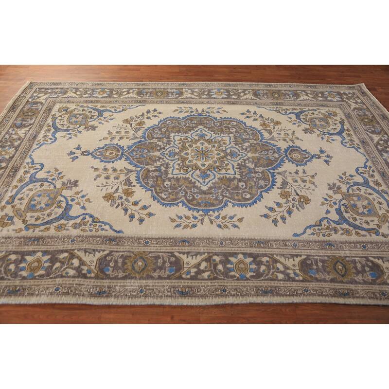 Tabriz Persian Rug Hand-Knotted Traditional Beige Wool Carpet - 6'5"x 9'4"