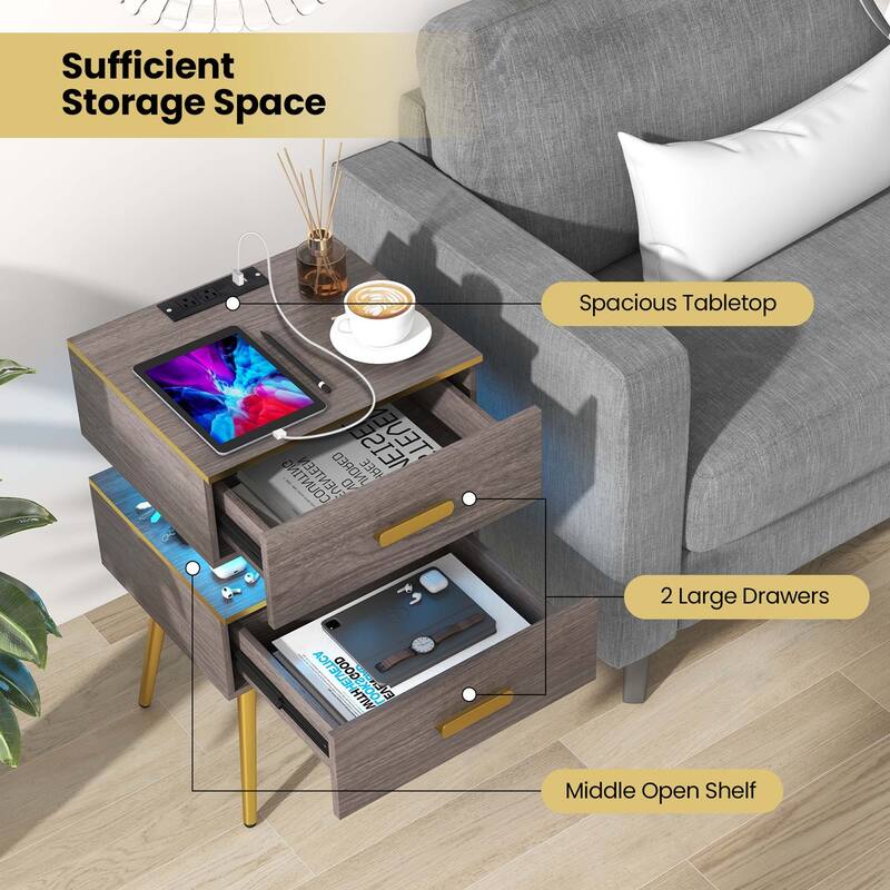 Costway 1/2 PCS Nightstand with Charging Station Bedside Sofa Side