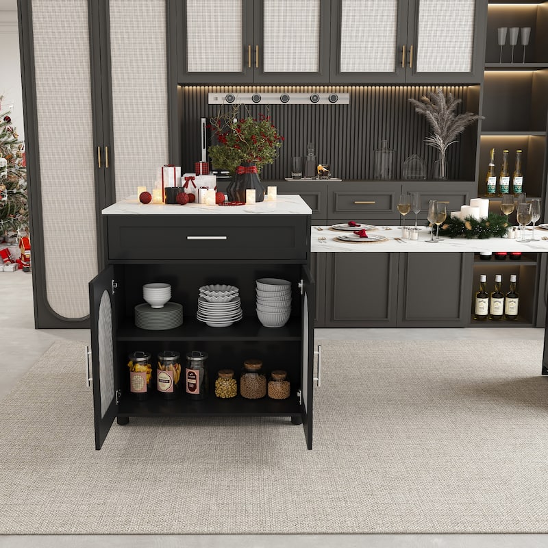 80" Expandable Kitchen Island with Dining Table with Marble-Grain Countertop with Power Outlet