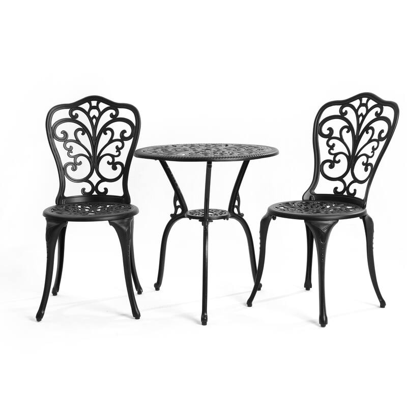 3-Piece Outdoor Aluminum Conversation Furniture Set for 2 People, Patio Bistro Table and Chairs Set with Butterfly Design - Black