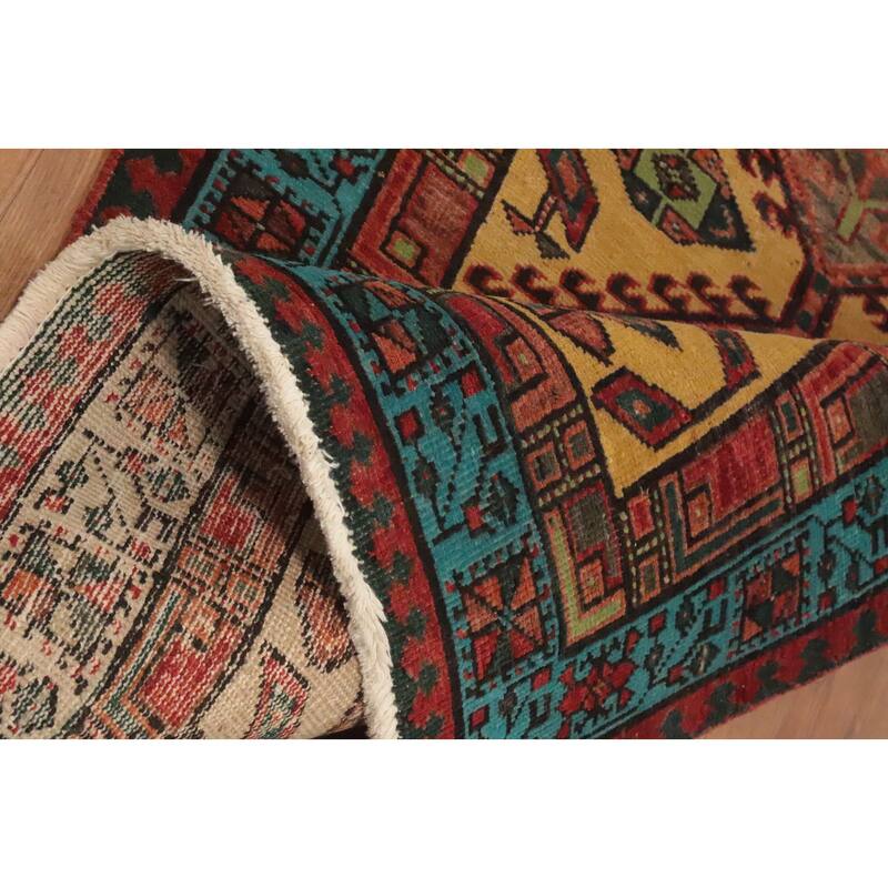 Hand Knotted Oriental 100% Wool Carpet Traditional Geometric Yellow & Gold Ardebil Runner Rug - 7' 1'' X 3' 2''