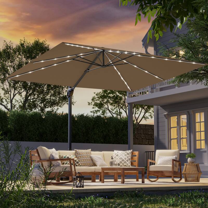 LIVOOSUN 10x8ft LED Rectangle Cantilever Umbrella Patio Offset Umbrella For Outdoor Space, Solution-Dyed Fabric, 360° Rotation - Taupe
