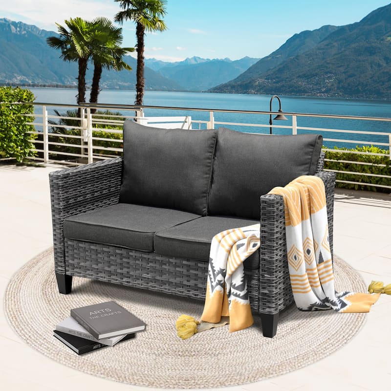 HOOOWOOO Outdoor Patio Furniture Wicker Loveseat Sofa - Black