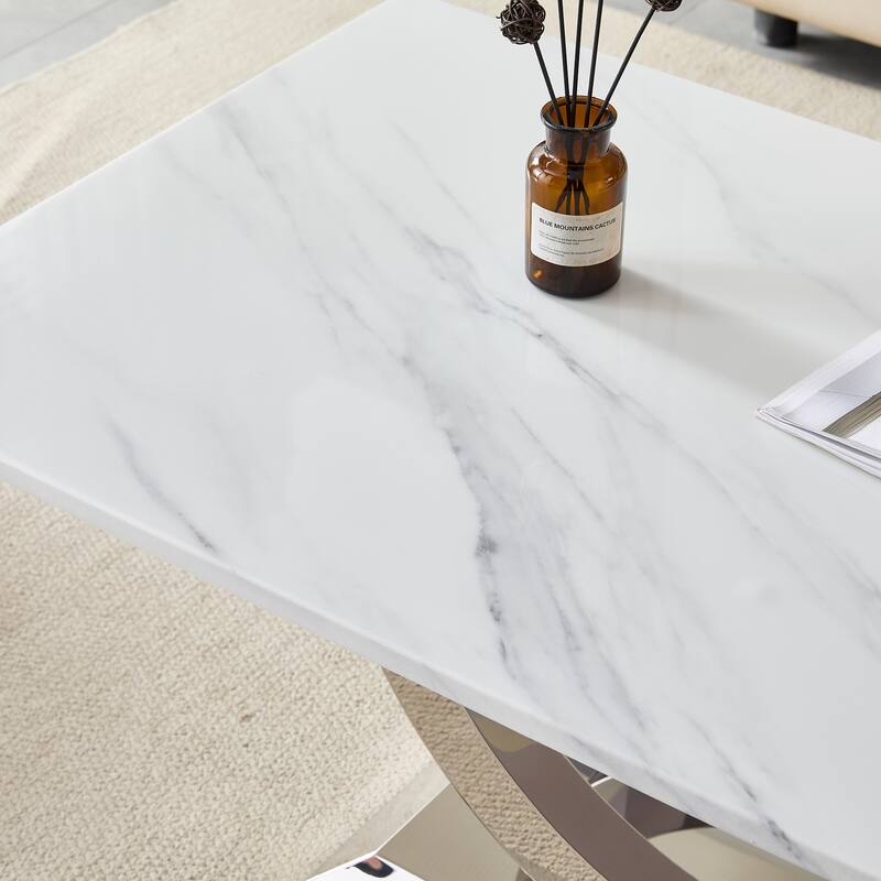 50.4 Inch Modern Rectangular Coffee Table with Marble Pattern MDF Top and Silver Stainless Steel Base