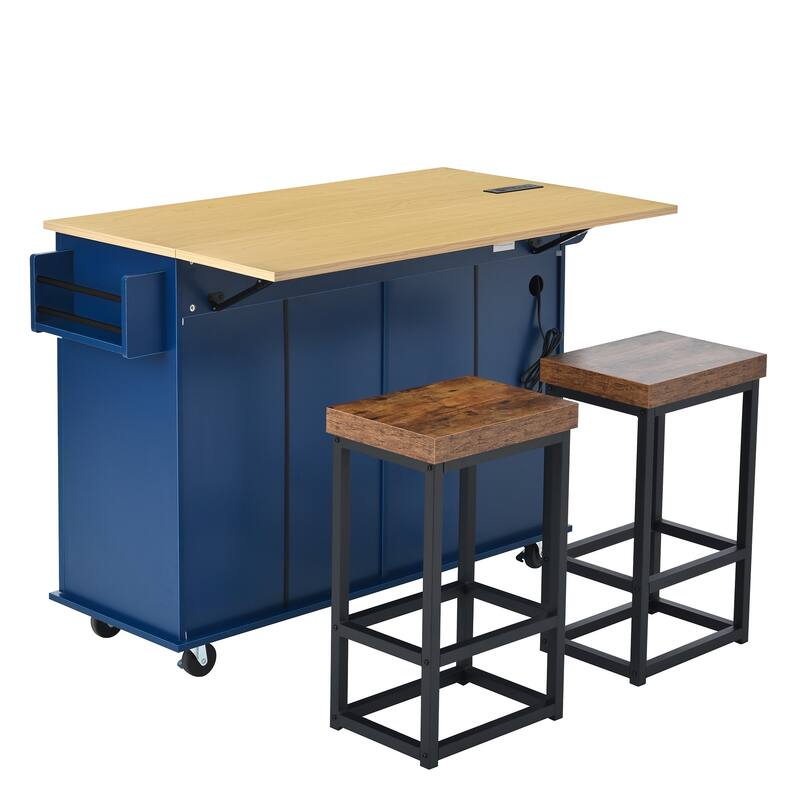 Farmhouse Kitchen Island on Wheels with Drop Leaf, 2 Seating & Power Outlet