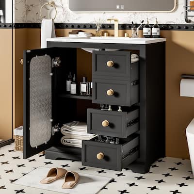 30-inch Bathroom Vanity with a Soft Close Glass Door, Adjustable Shelves, and Three Drawers