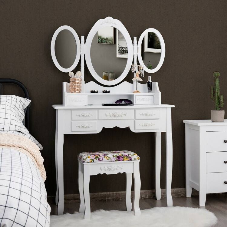 7 Drawer Tri-Folding Mirror Dressing Vanity Makeup Set - 35.5" x 16" x 59.5" (L x W x H)