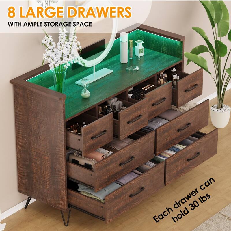 8 Drawer Dresser for Bedroom with LED Light, Charging Station & Open Shelf