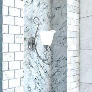 Bella 1-Light 7.25 in. W Brushed Nickel Bathroom Vanity Lighting Fixture, White Alabaster Scalloped Glass, Wall Mounted Sconce