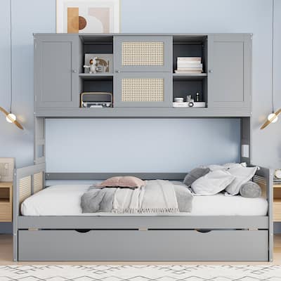 Twin Size Wooden Daybed with Trundle, All-in-One Cabinet and Shelf