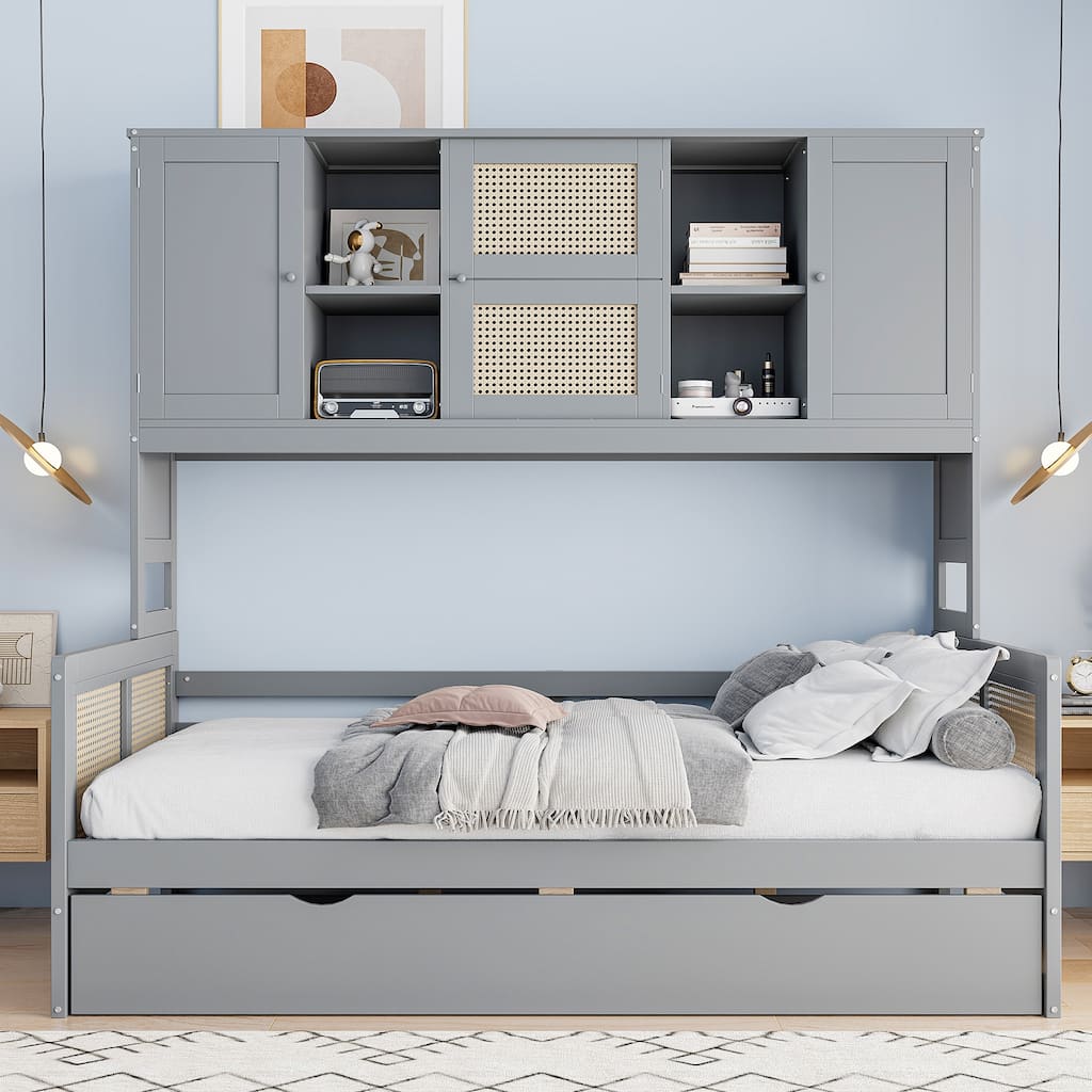 Twin Size Wooden Daybed with Trundle, Cabinet, and Shelf in Gray