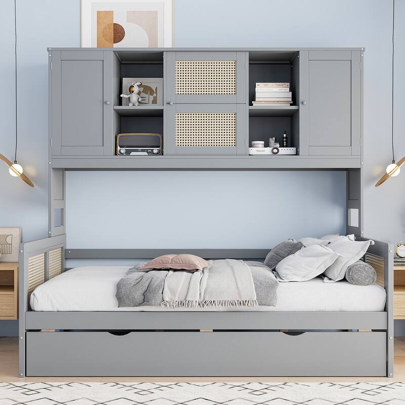 Wood Full Size Daybed with Built-In Storage Cabinet, Shelves & Twin Trundle, Rattan Accent, No Box Spring Needed - Twin Gray - Twin
