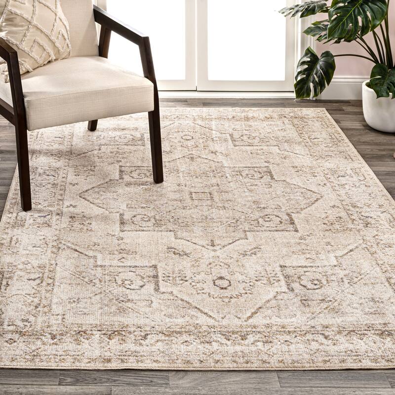 JONATHAN Y Retro Vintage Native American Medallion Machine-Washable Cream/Brown Area Rug