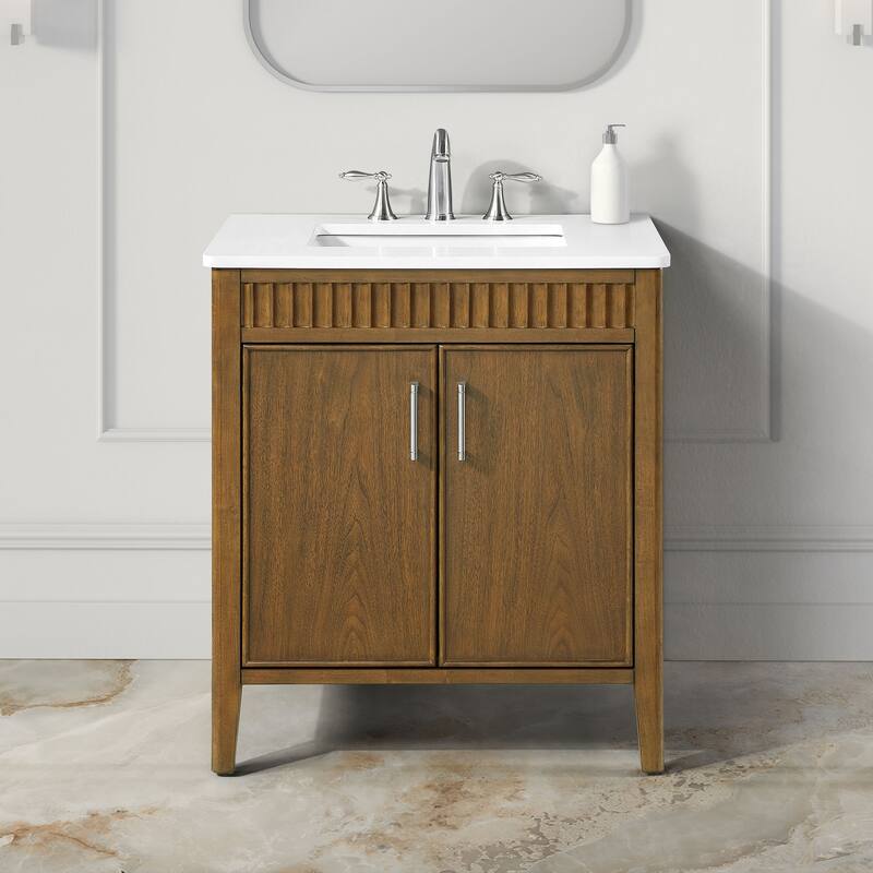 OVE Juliette Warm Walnut Bathroom Vanity with White Quartz Top - 30" - Warm Walnut with Brushed Nickel Hardware