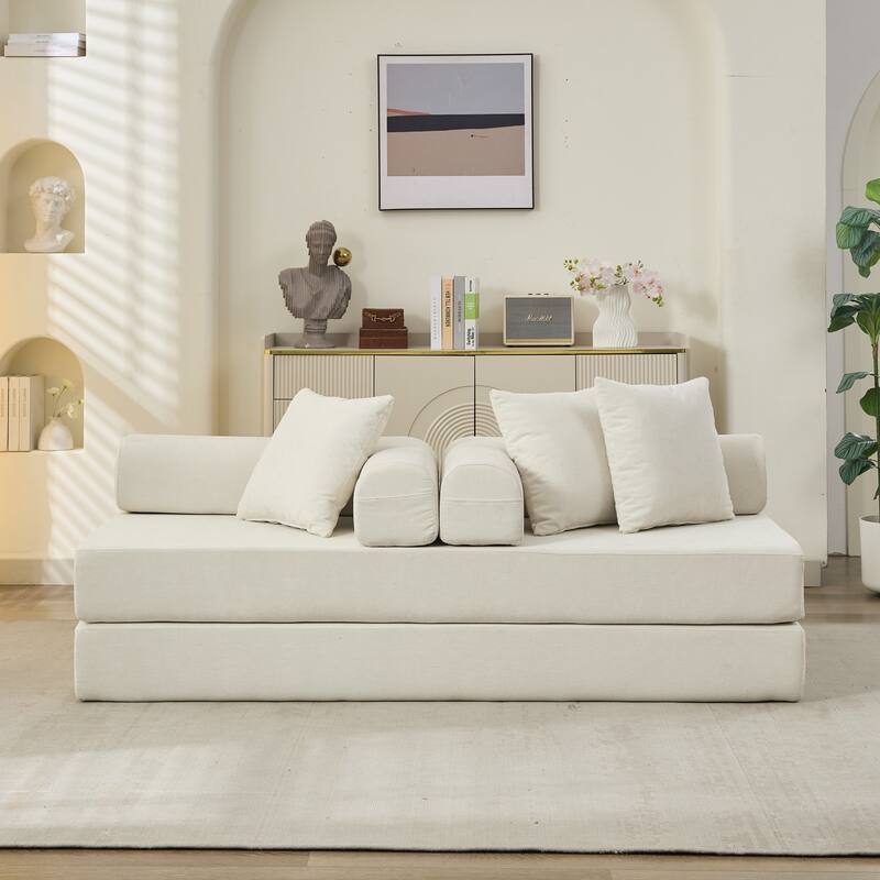 Chenille Folding Sofa Floor Sleeper Bed Chaise Lounger Couch 3-in-1 Comfy Mattress with Reversible Arm Pillows and Non-slip Pad