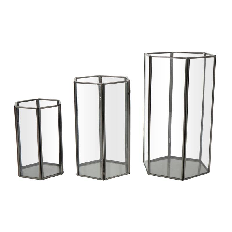 CosmoLiving by Cosmopolitan Clear Metal Hexagon Shaped Geometric Indoor Outdoor Candle Lantern with Clear Glass (Set of 3)