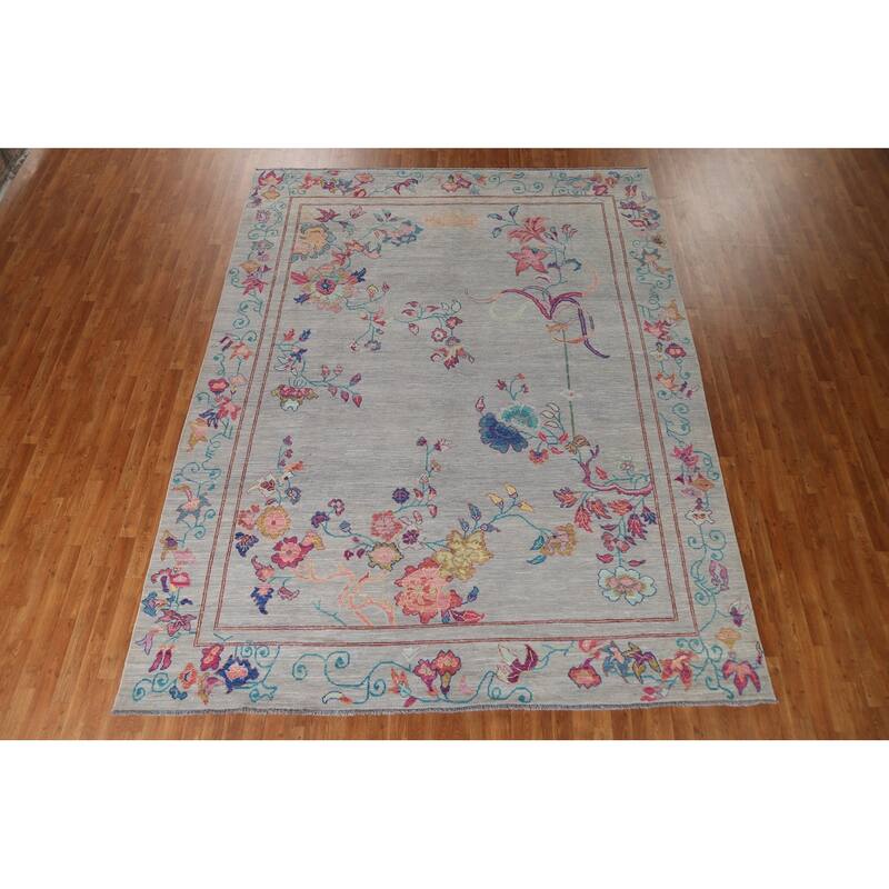 Hand Knotted Oriental 100% Wool Carpet Traditional Floral Greys & Charcoal Art Deco Area Rug - 11' 6'' X 9' 0''