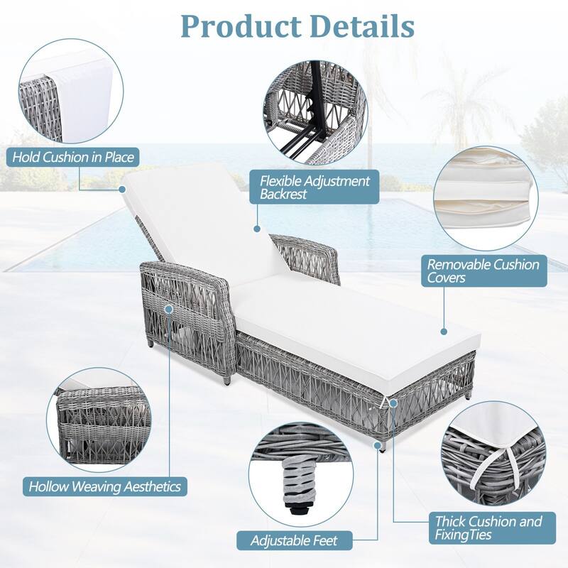 2 Pieces Outdoor Wicker Chaise Lounge, Patio Adjustable Recliner Set