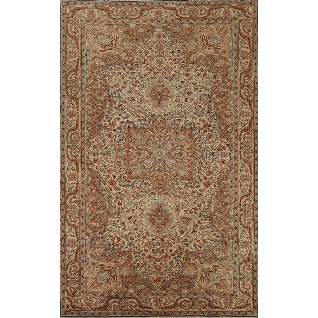 Floral Anatolian Oriental Vintage Area Rug Handmade Beige Wool Carpet - 6'5" X 9'7"