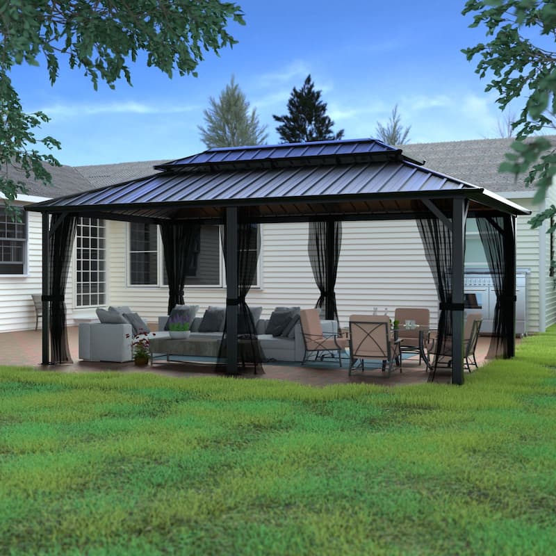 VEIKOUS Aluminum Double Hardtop Gazebo Pergola for Patio, Lawn, and Garden with Removable Netting