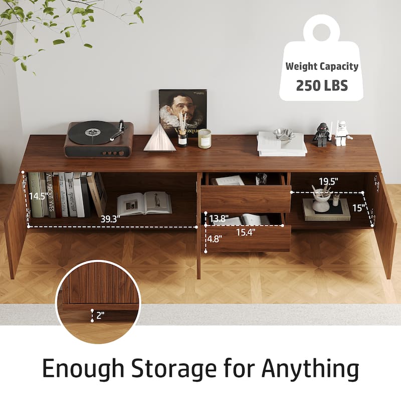 78.74" Mid Century Brown Wood TV Stands, 2 Drawers and Cabinets