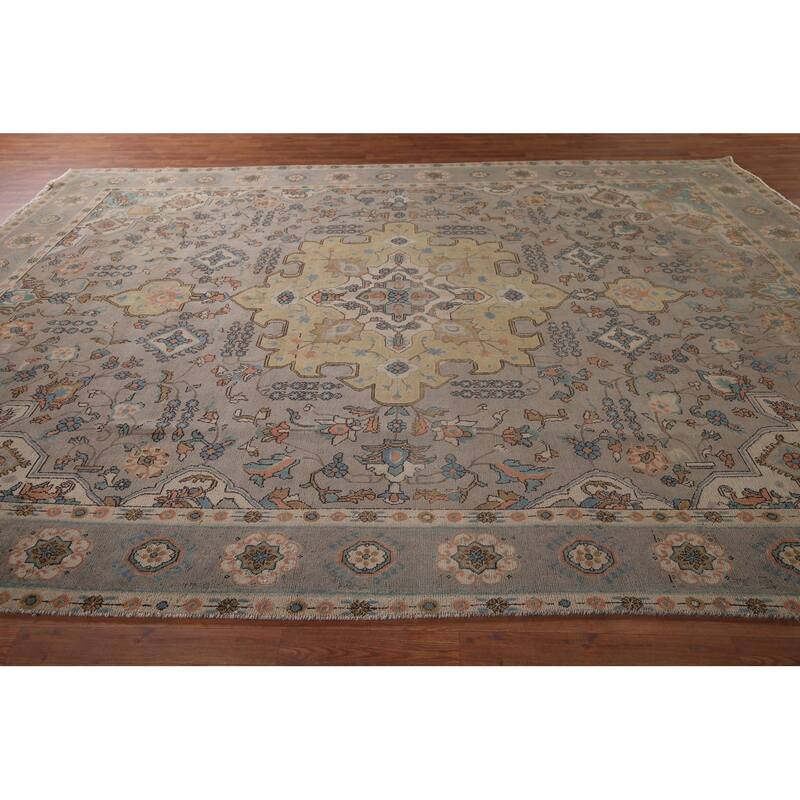 Geometric Gray Tabriz Persian Vintage Area Rug Handmade Wool Carpet - 9'11"x 13'4"