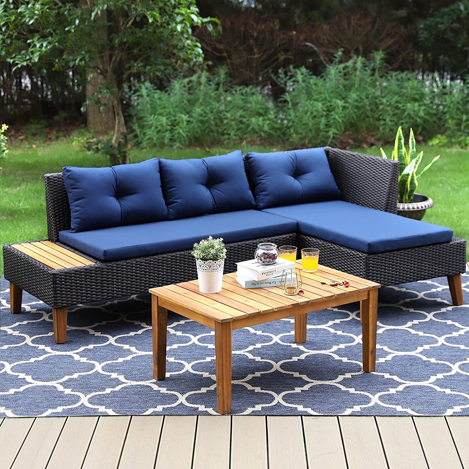 PHI VILLA 3 Piece Outdoor Rattan Wood Sectional Sofa