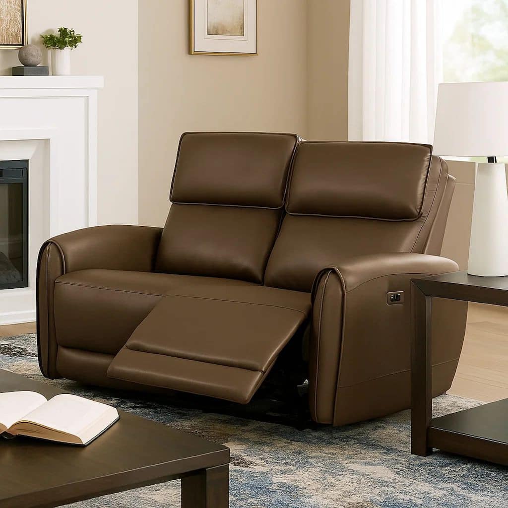Sily Power Reclining Loveseat, Light Brown Faux Leather, 57 Inch, USB