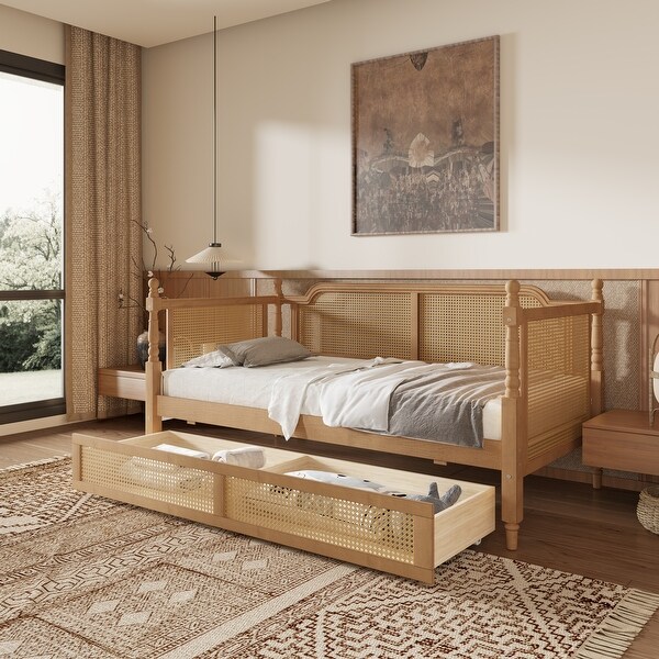 Rattan Daybed with Drawers Twin Size Trundle Bed Frame with Footboard Antique White 2 Drawers Full
